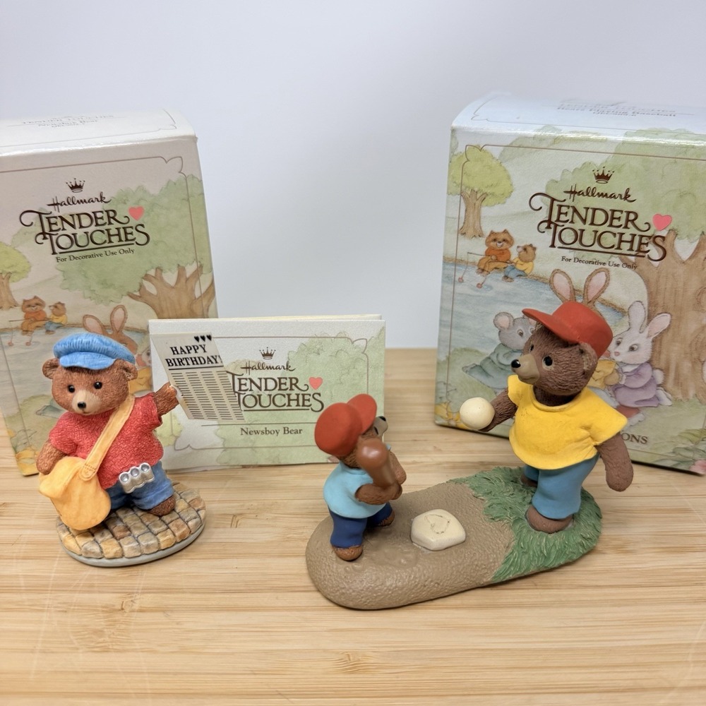 Hallmark Tender Touches Bear Lot Of 2 Dad & Son Baseball News Paper Boy 1990 Box